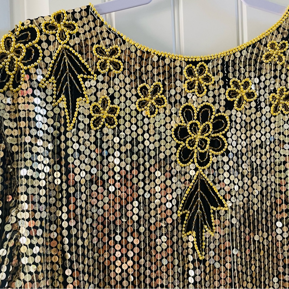 Gunit Vintage Gold Silver Sequin Beaded Embellished Flapper Shift Dress | Large